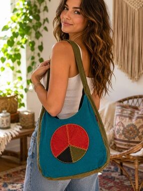 Kathmandu Imports Peace Sign Cotton Crossbody Hobo Bag Boho Hippie
